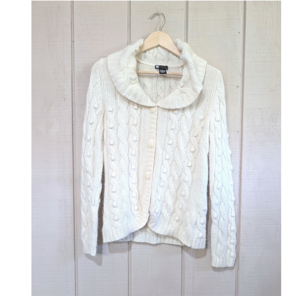 Vintage Carol Little Cream Cable Knit Bobble Angora Lambswool Cardigan Sweater